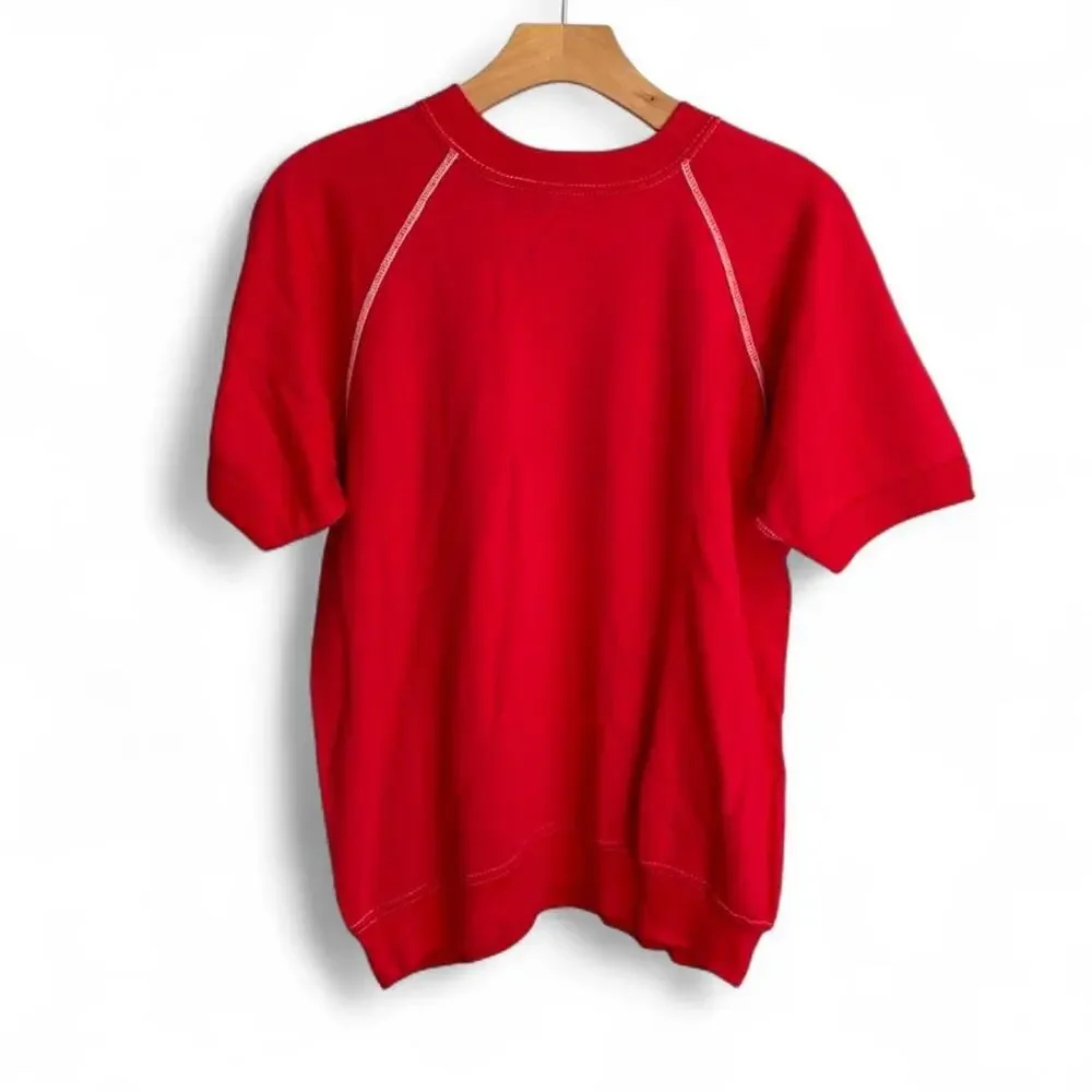 Vintage 70s Retro Short Sleeve Mens M Contrast Stitch Red Minimalist Sweatshirt